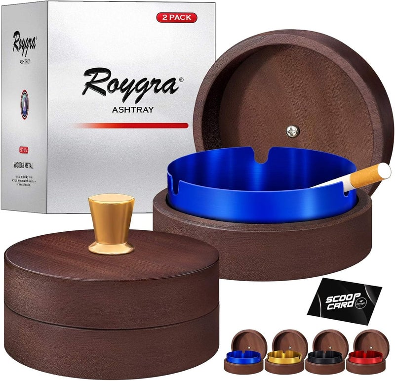 roygra Wooden Ash Tray with Lid (2 Pack), Outdoor Ashtray for Outside Patio, Smokeless Ashtrays for Cigarettes with 3 Holder, Smoking Accessories, Home Décor, Ashtrays for Smokers Indoor - Blue - Image 1